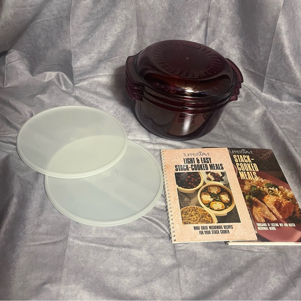Tupperware Tupperwave 6 Pc Set + 2 Cookbooks Microwave Stack Cooker Cranberry